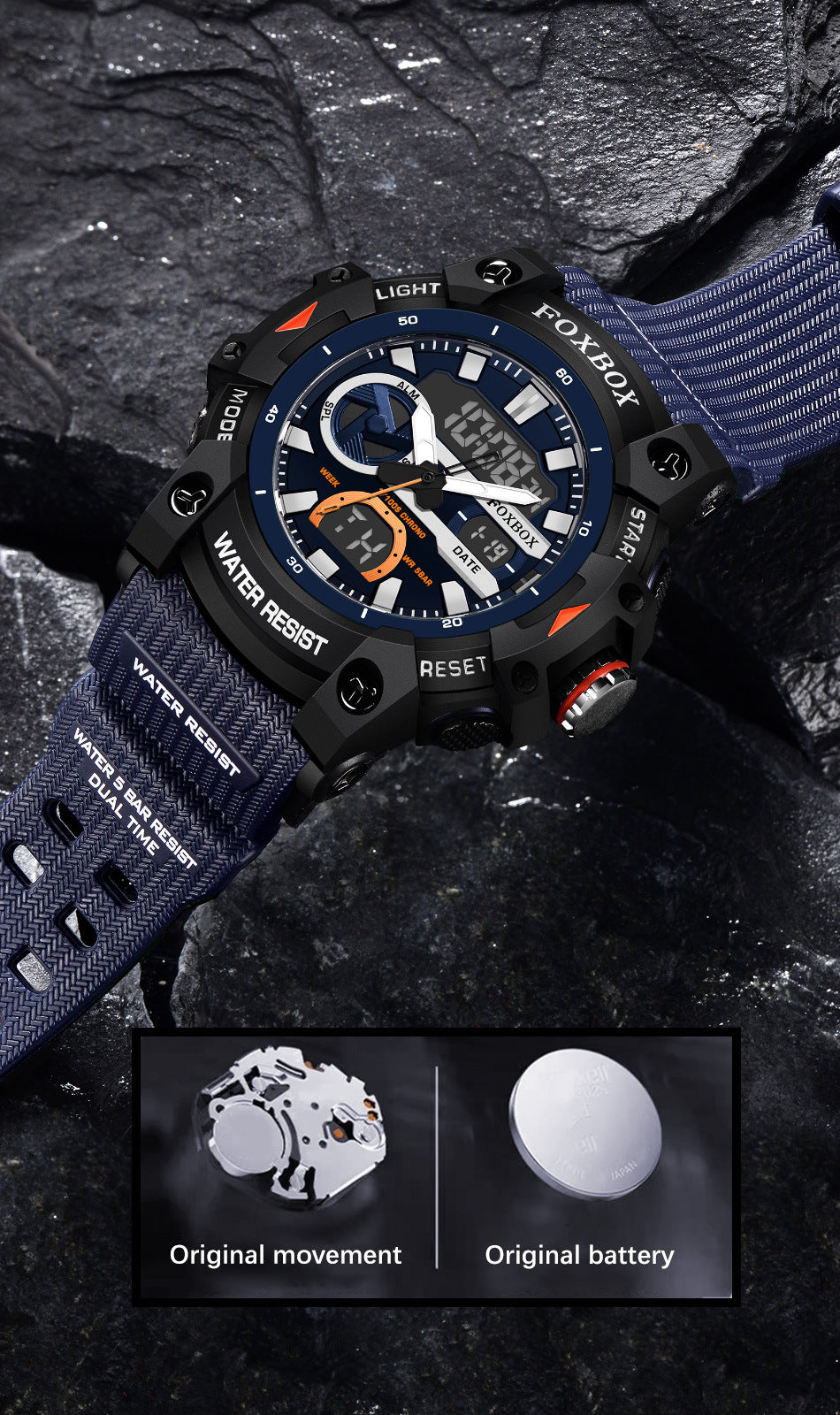 Foxbox Waterproof Luminous Large Dial Double Display Electronic Watch for Men FB0052