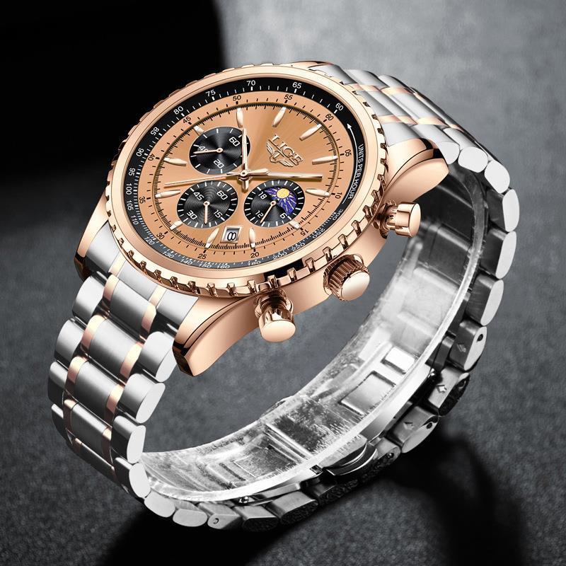 Lige Men's Quartz Watch Moon Phase Multifunctional Watch For Men 8989