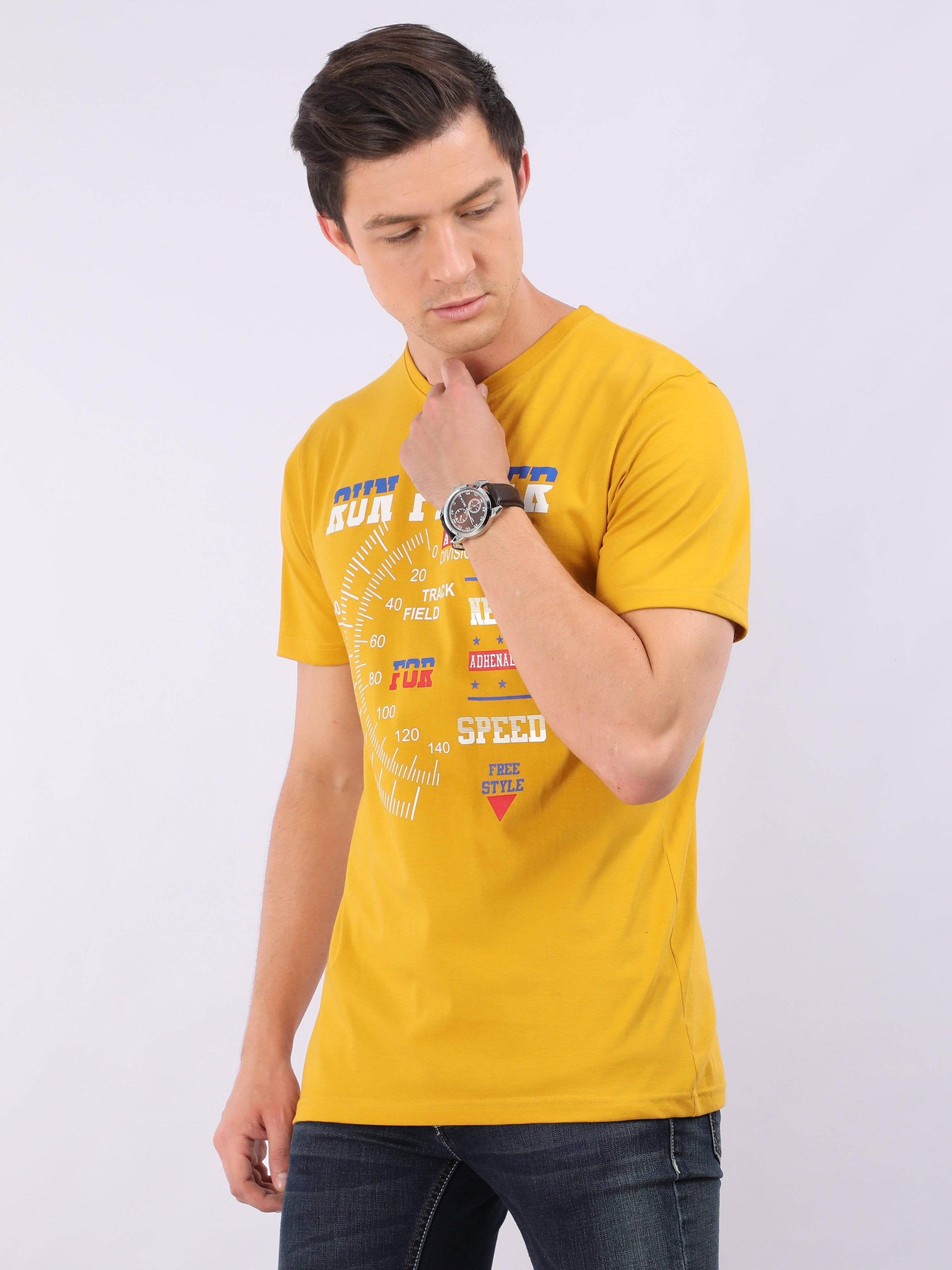 REDpockets Round Neck Yellow Cotton Printed T-Shirt For Men REDpockets