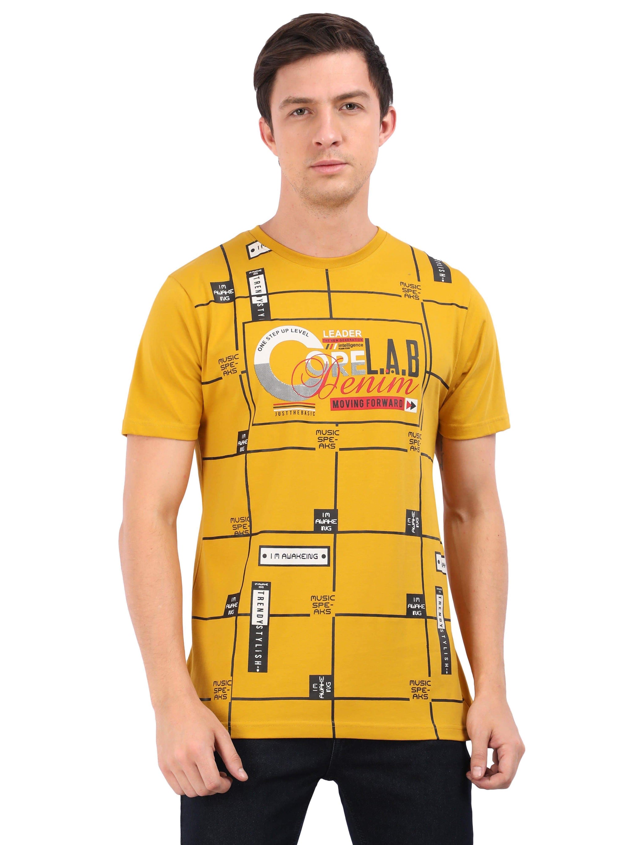 REDpockets Round Neck Yellow Cotton Printed TShirt For Men R007 REDpockets