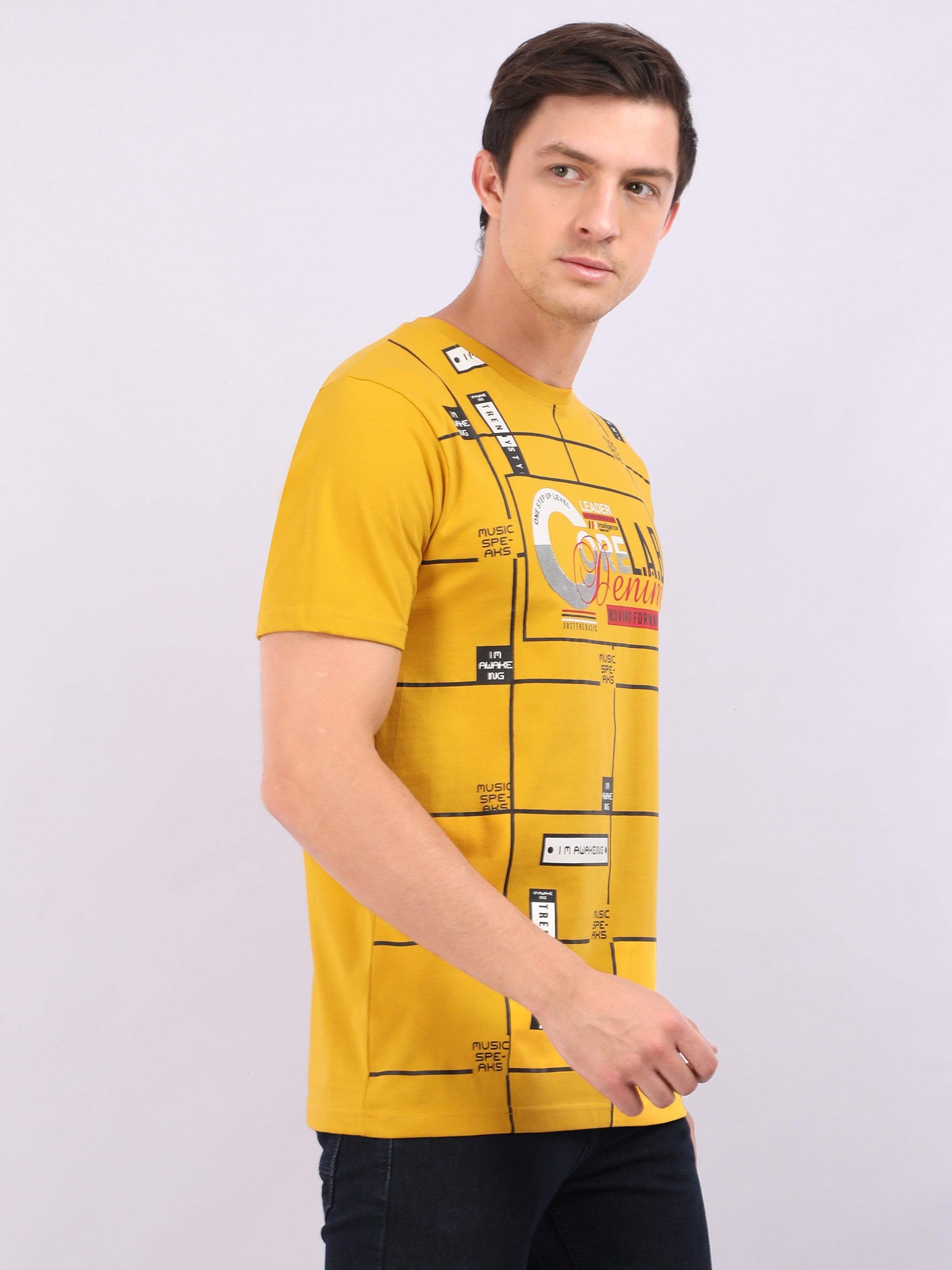 REDpockets Round Neck Yellow Cotton Printed TShirt For Men R007 REDpockets