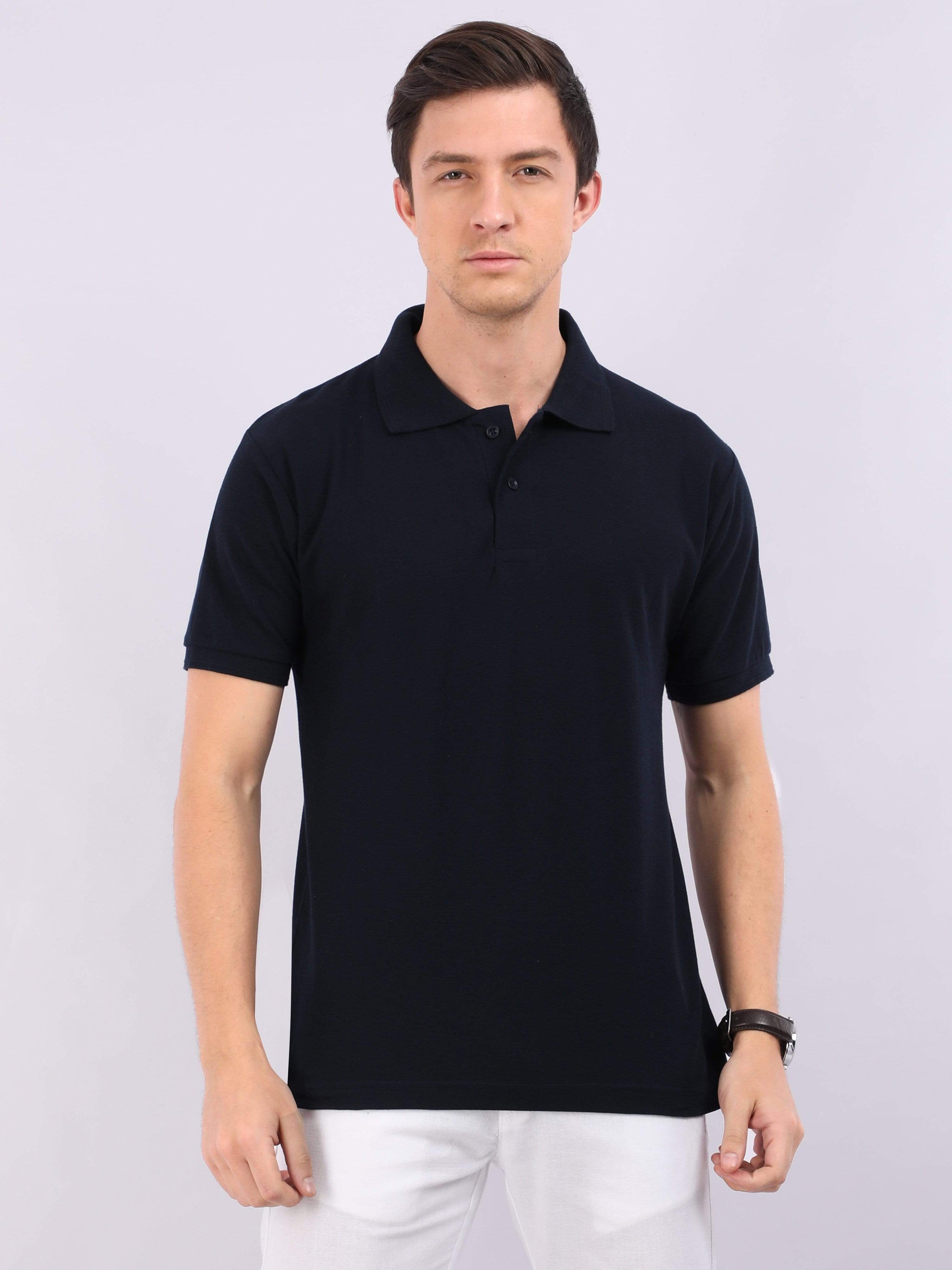 Xura Solid Men Polo Neck Navy Blue Regular Fit T-Shirt Plain Xura