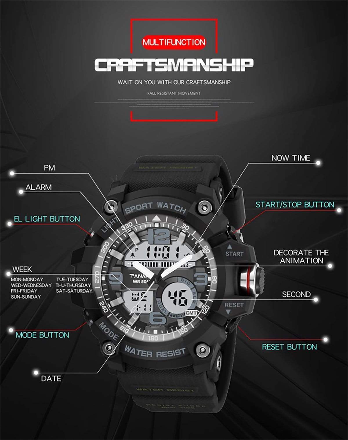 wrist watches panars 8010 analog digital round sports watch for men 8